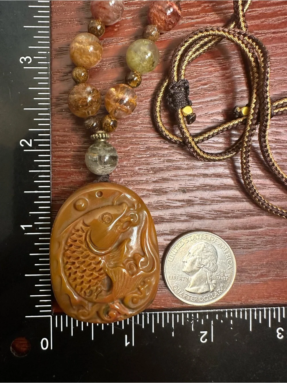 Natural Agate Fish Carving Pendant Necklace on Adjustable Brown Rope
